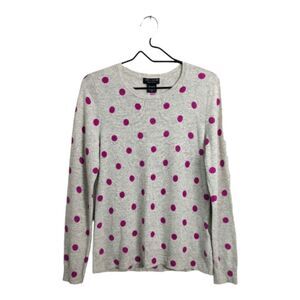 Lord & Taylor 100% Cashmere Pullover Crewneck Sweater Gray Pink Polka Dot Cozy M